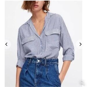 ZARA White Blue Pinstripe Button Up Slouchy Blouse sz S